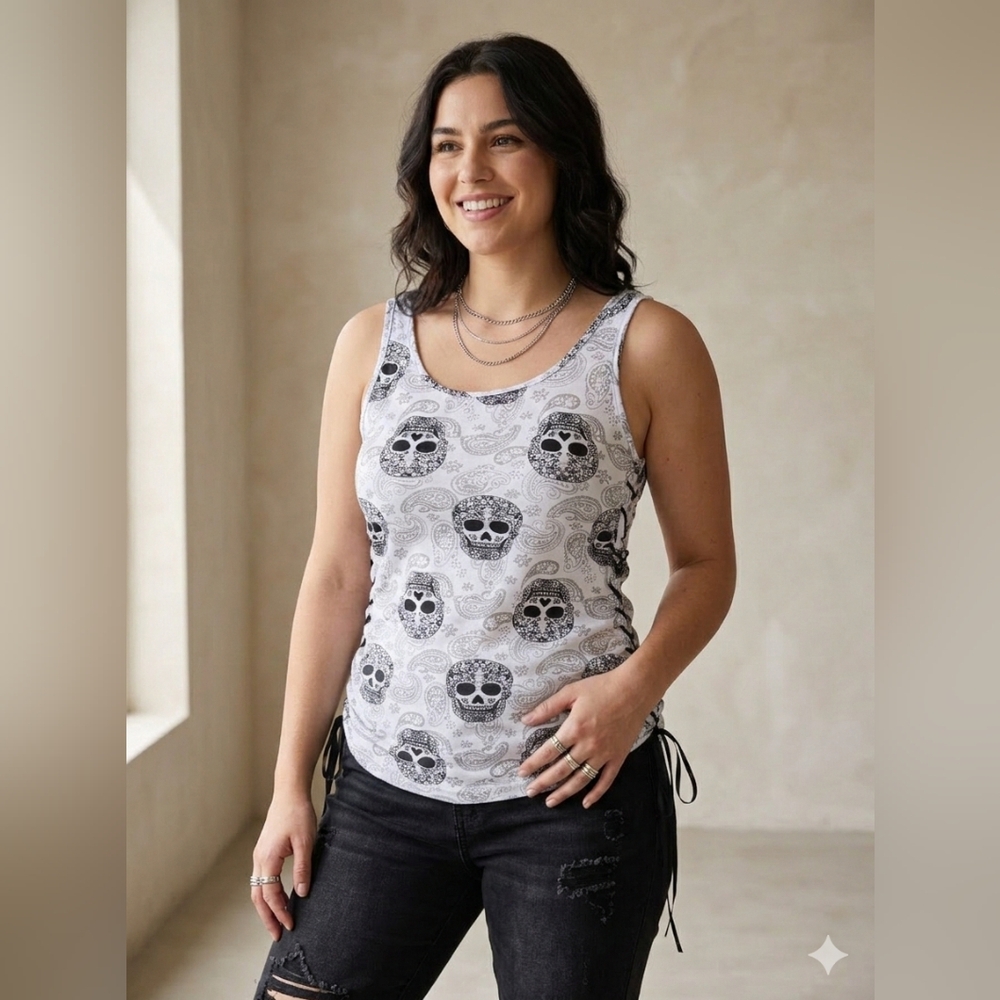 NWT Fancyqube Skull & Paisley Print Lace Up Side Tank Top XL
